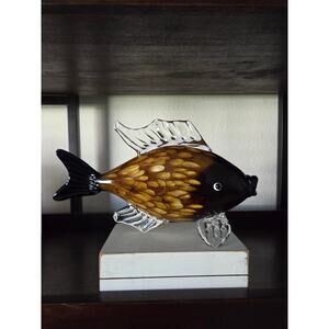 Murano Style Hand Blown Art Glass Fish Amber & Clear Sculpture 11” Vintage
